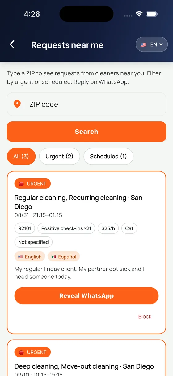 Requests near me, searched by ZIP, with urgent and scheduled filters