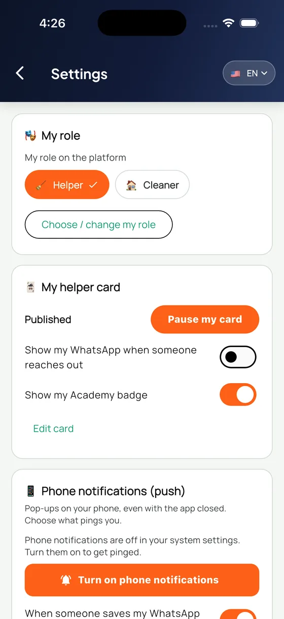 Helpers settings with role, card and notification switches