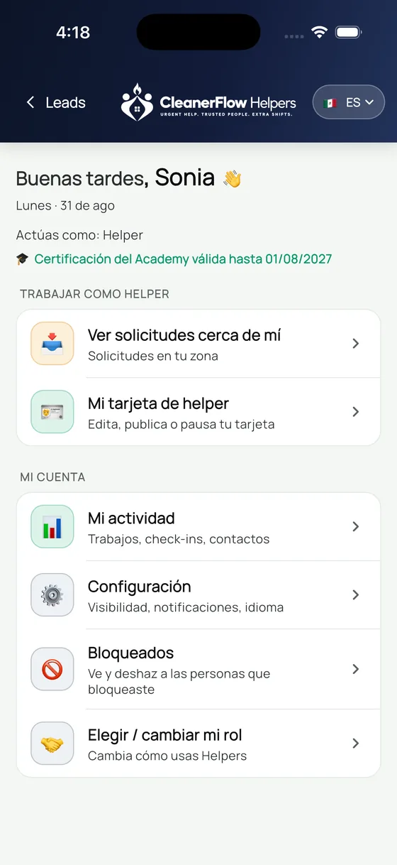 Pantalla de inicio de Helpers