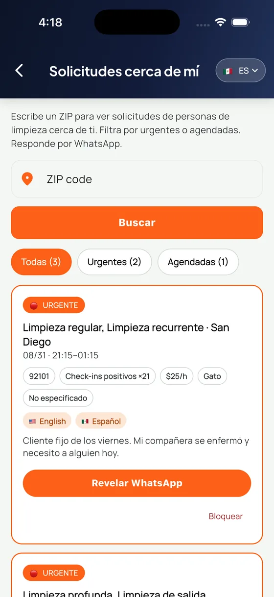 Solicitudes cerca de mí, buscadas por código postal, con filtros de urgente y programado