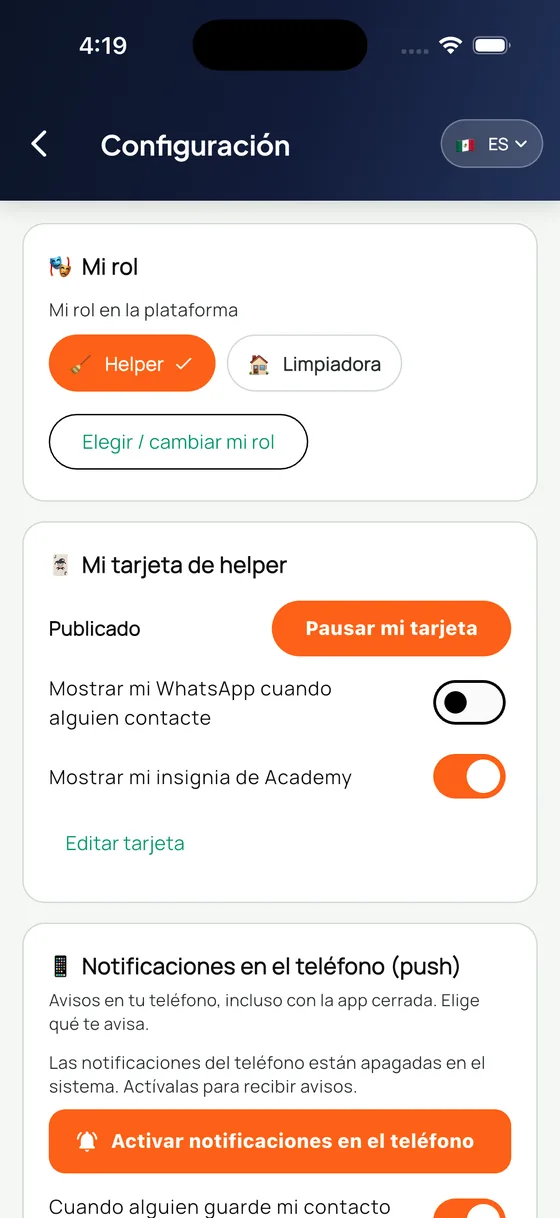 Ajustes de Helpers con rol, tarjeta y avisos
