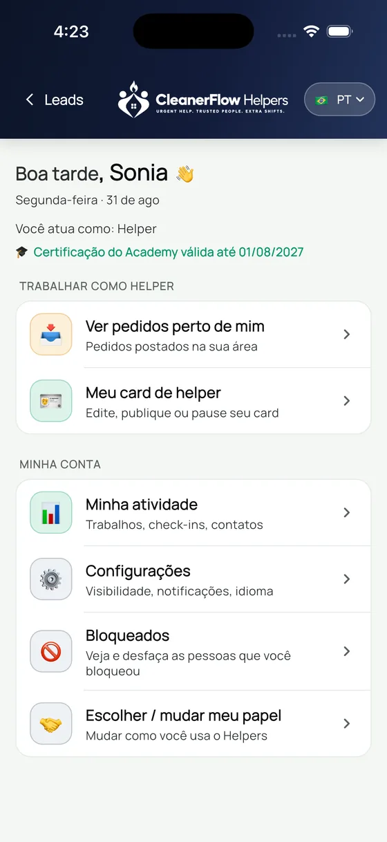 Tela inicial do Helpers