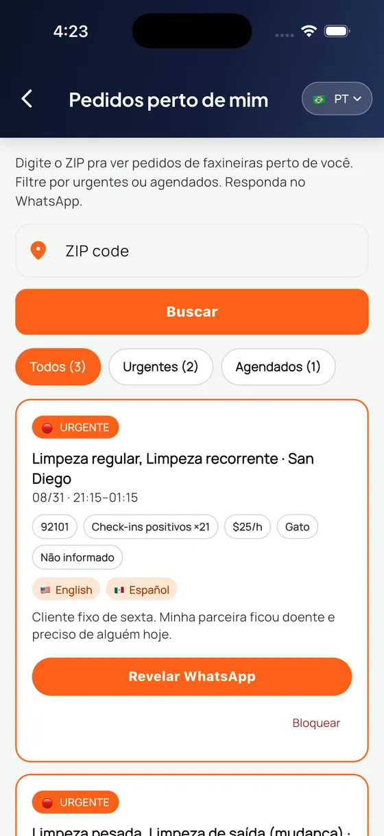 Pedidos perto de mim, buscados por CEP, com filtros de urgente e agendado