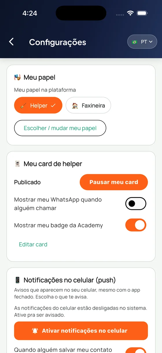 Configurações do Helpers com papel, card e avisos