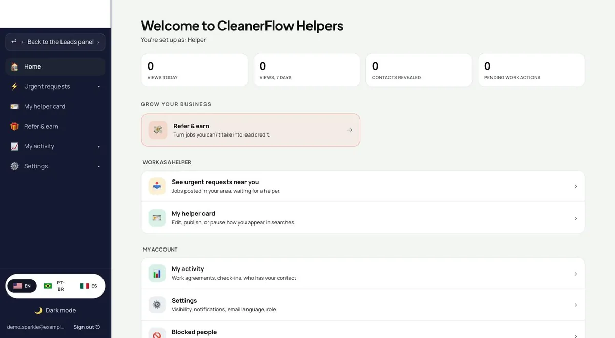 CleanerFlow Helpers in the browser, beside the Leads panel