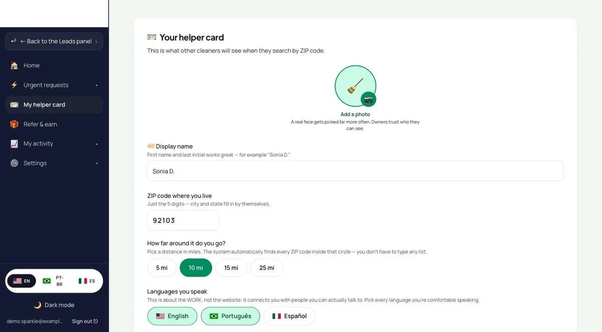 Editing the helper card in the browser