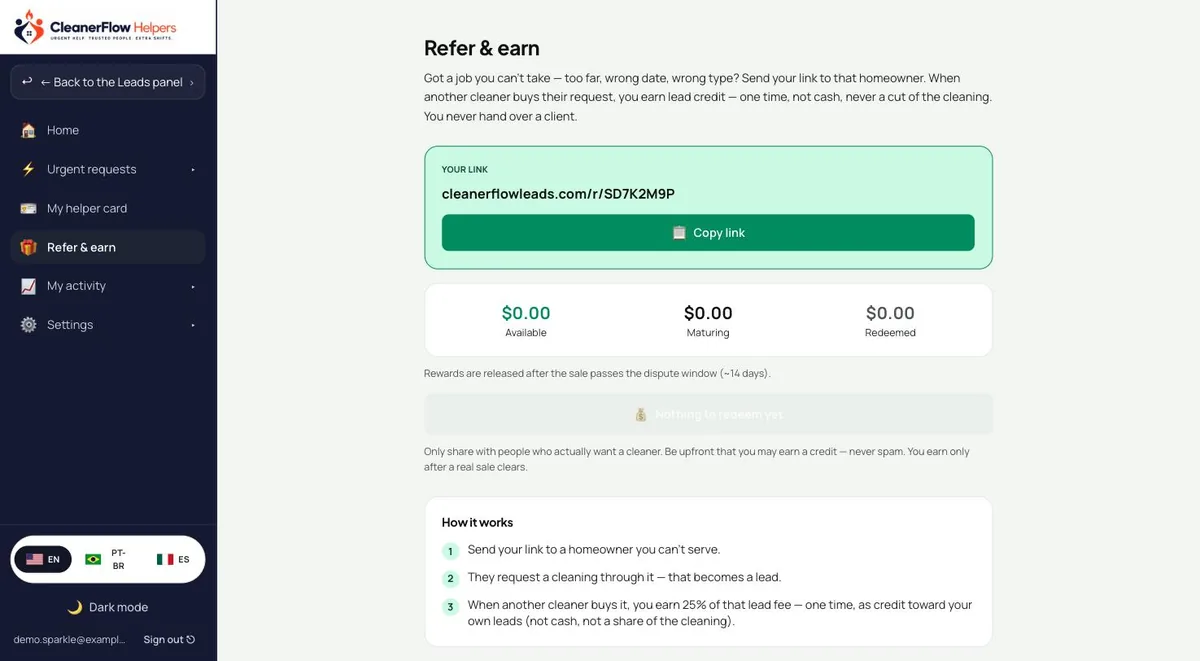 Refer and earn with the personal link and credit balance
