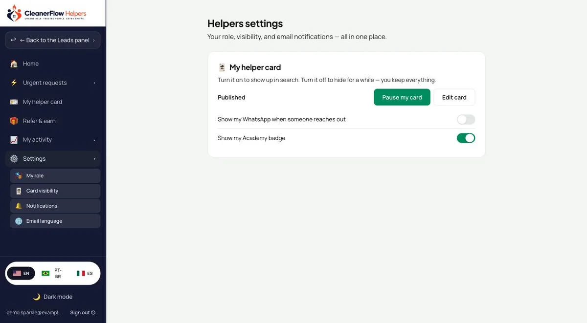 Card visibility settings