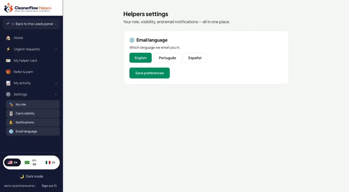 Email language settings