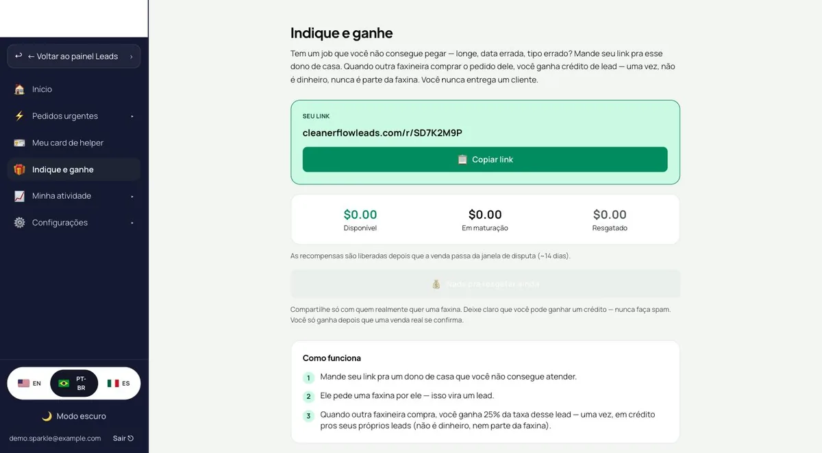 Indique e ganhe com o link pessoal e o saldo de crédito