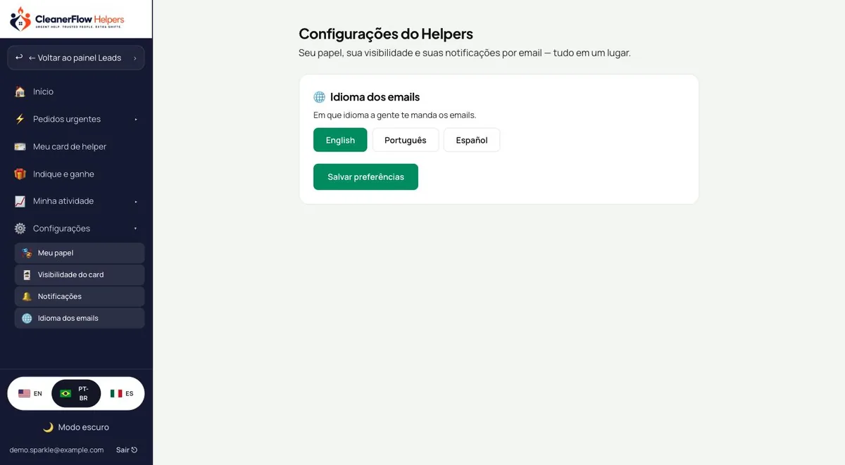 Ajuste de idioma do e-mail