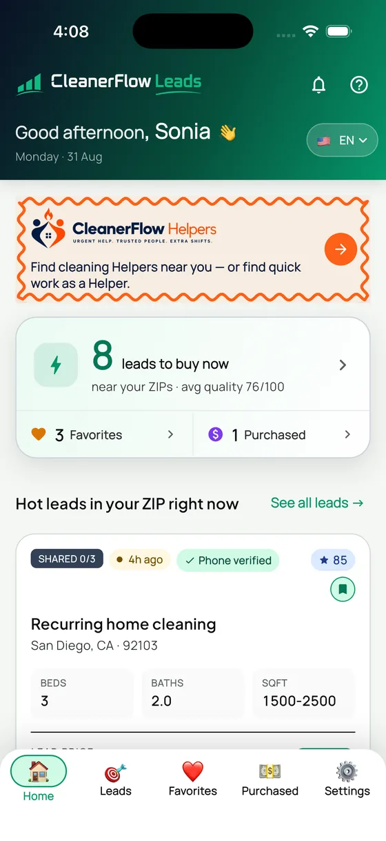 The home screen with leads waiting in your ZIPs