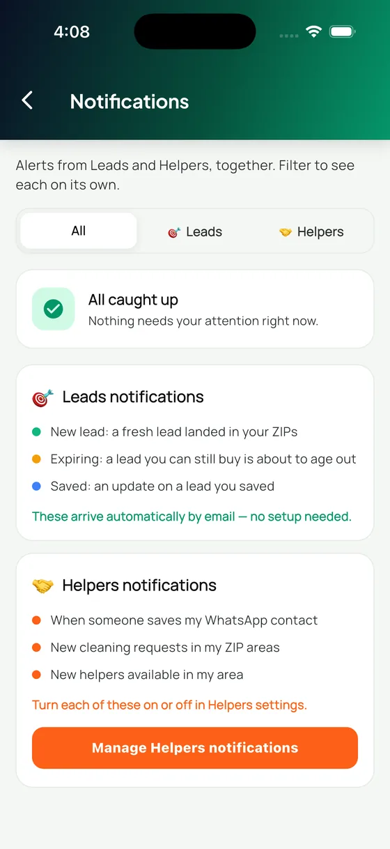 Notifications screen with Leads and Helpers alerts