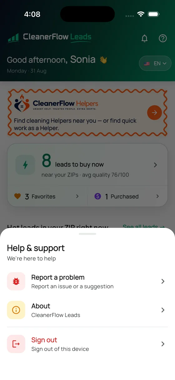Help and support sheet