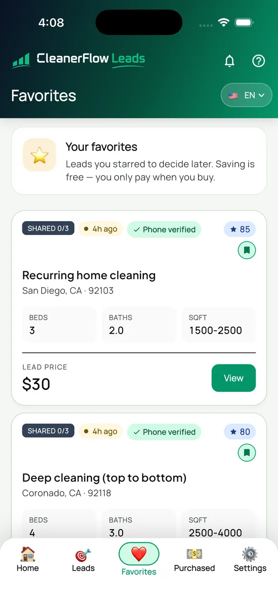 A saved lead showing the shared counter, age, verification, score, size and price
