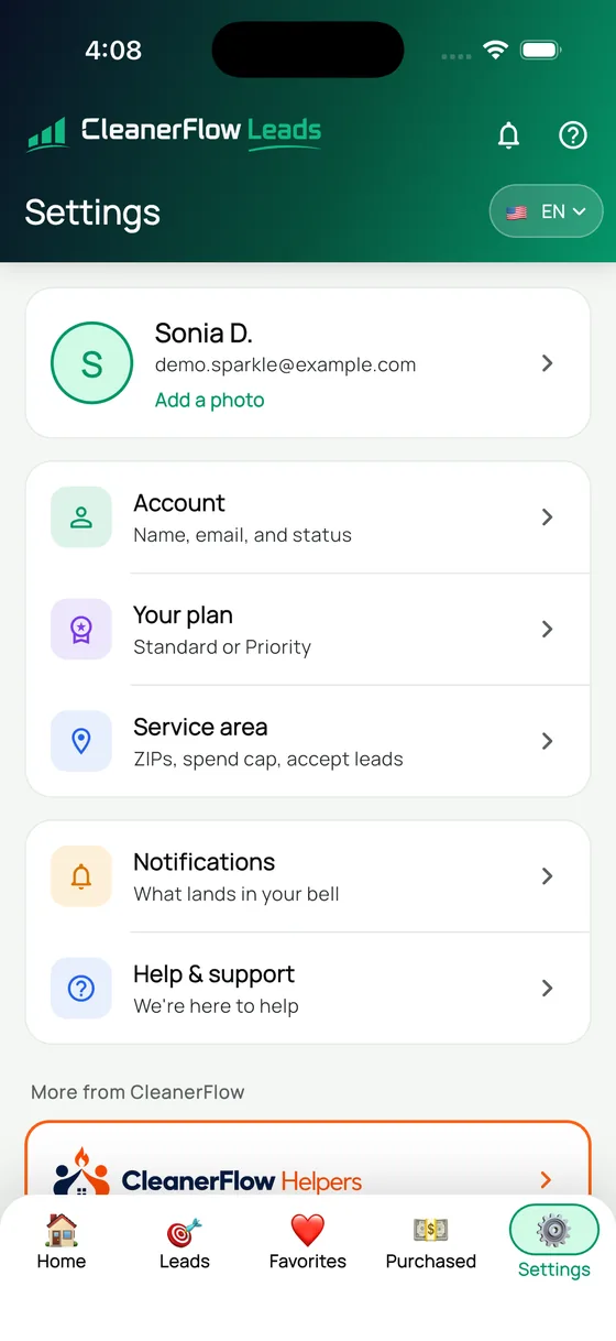 Settings with account, plan and service area