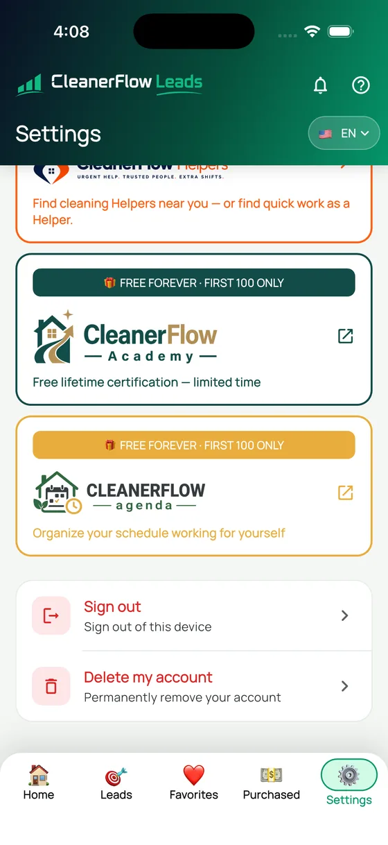 End of settings with sign out and delete account