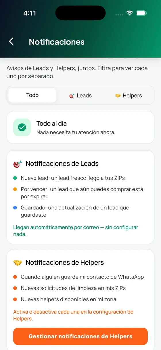 Pantalla de notificaciones con avisos de Leads y Helpers