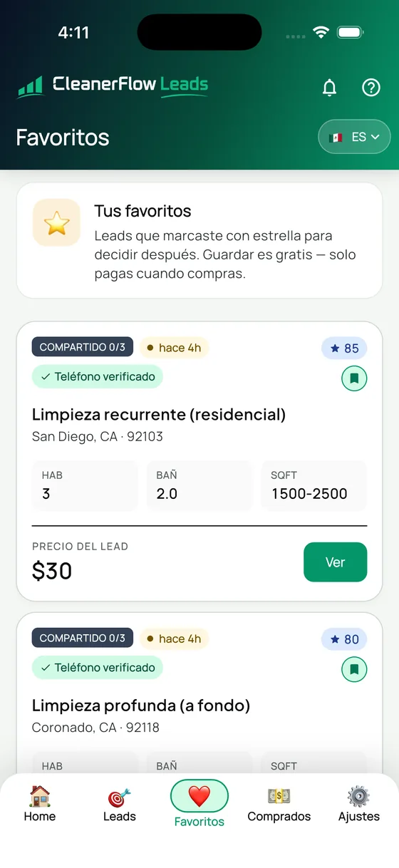 Una solicitud guardada con contador de compartidos, antigüedad, verificación, calificación, tamaño y precio