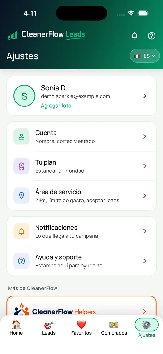 Configuración con cuenta, plan y zona de servicio
