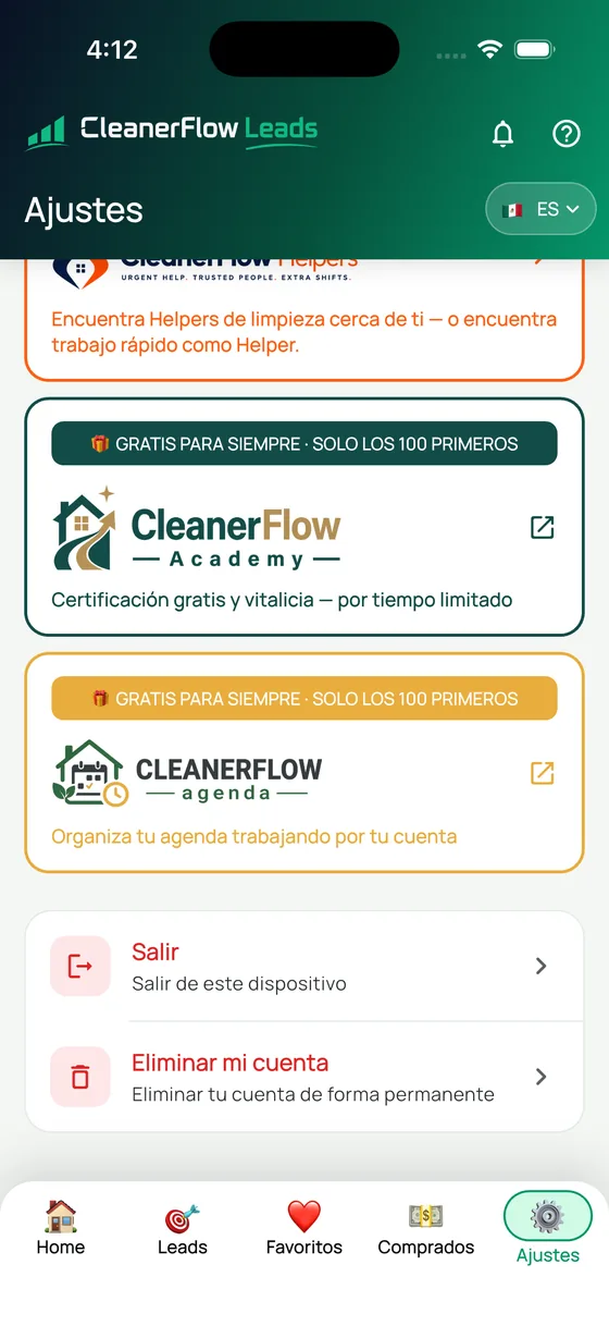 Final de ajustes con cerrar sesión y borrar cuenta