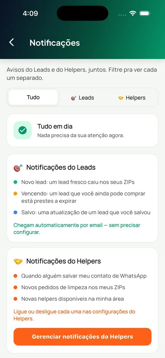 Tela de notificações com avisos de Leads e Helpers