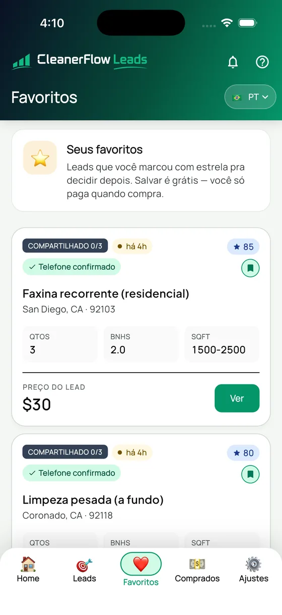 Um lead salvo com contador de compartilhamento, idade, verificação, nota, tamanho e preço