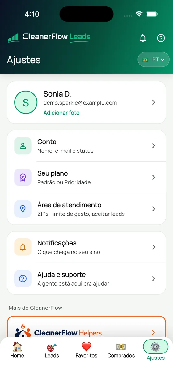Ajustes com conta, plano e área de atendimento