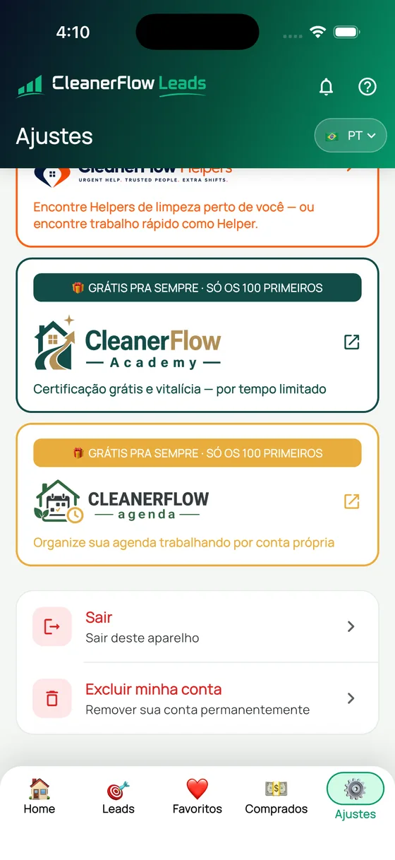 Fim dos ajustes com sair e apagar conta