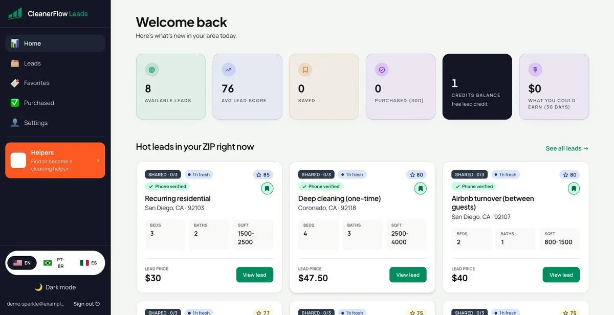 CleanerFlow Leads dashboard in the browser