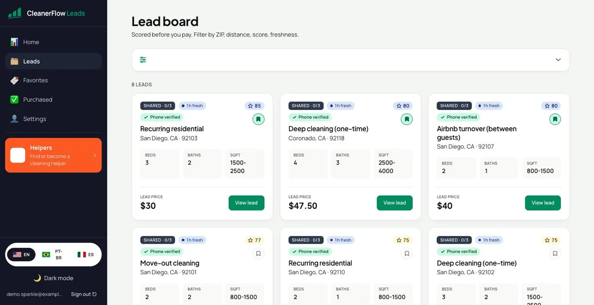 Lead board in the browser showing the shared counter on each lead