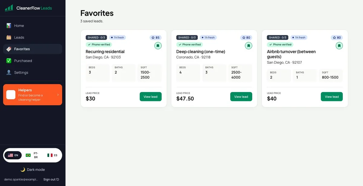 Saved leads in the dashboard