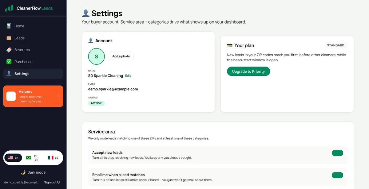 Account, plan and service area settings