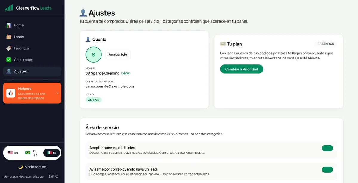 Ajustes de cuenta, plan y zona de servicio