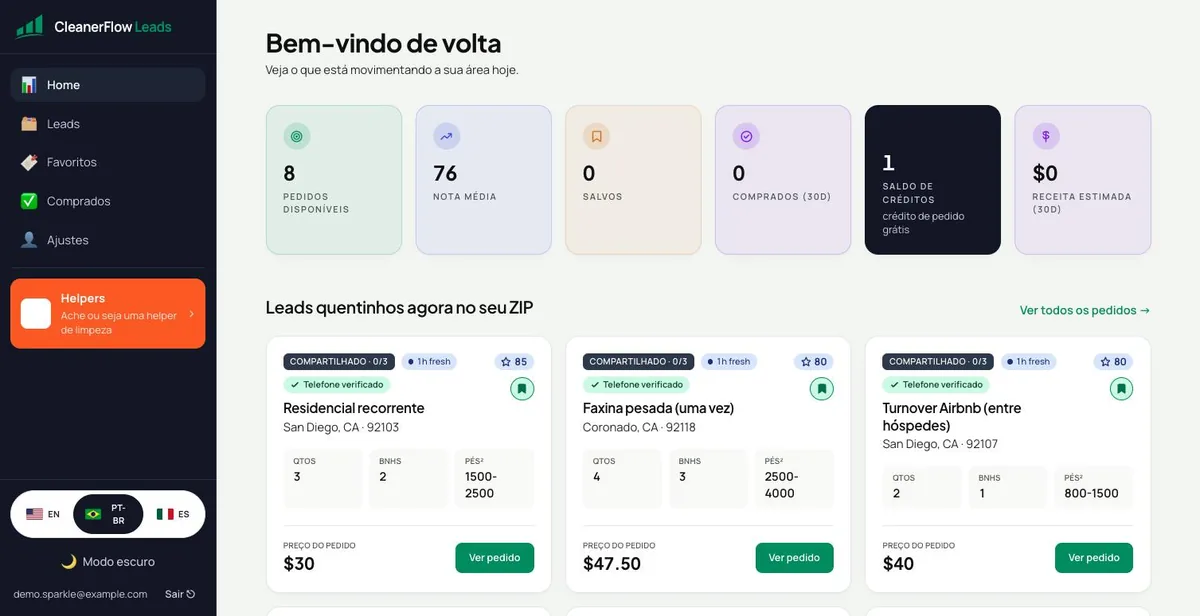 Painel do CleanerFlow Leads no navegador
