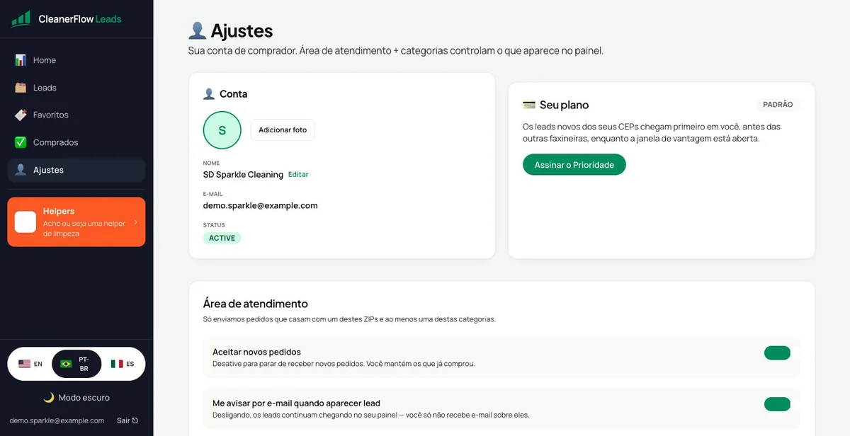 Ajustes de conta, plano e área de atendimento